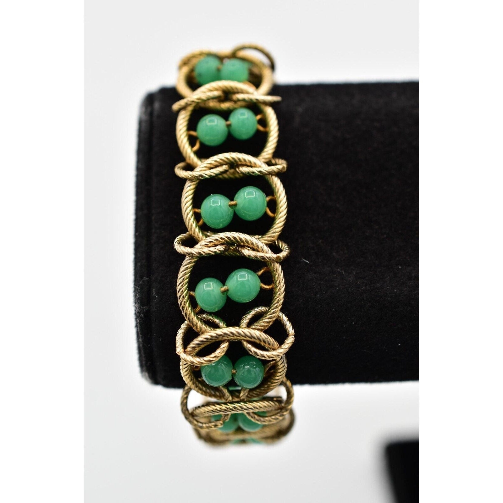 Goldette Vintage Beaded Bracelet Green Gold Chain Chunky Retro Signed 1940s Bino 50$